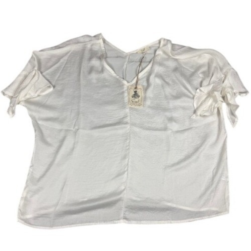 Easel Top Womens‎ Small White V-Neck Short Sleeve Tie Detail Textured Blouse NEW